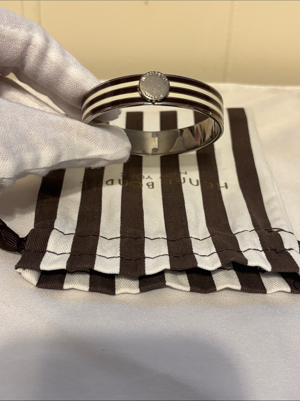 EUC Henri Bendel Centennial Stripe Enamel Hinged Bangle Bracelet with Bag